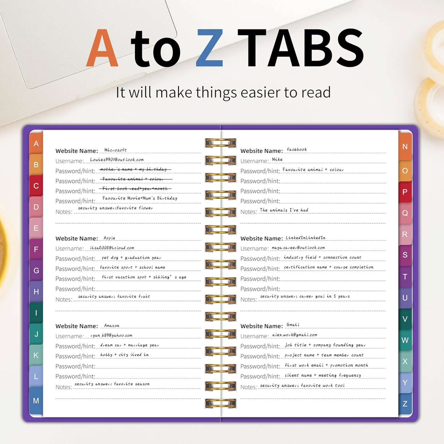 Spiral Password Book with Alphabetical Tabs - 5.8" X 8.2" Small Password Keeper Book with Inner Pocket for Seniors , Large Print, Hardcover, 450 Logins – Internet Password Organizer Notebook for Home & Office Use