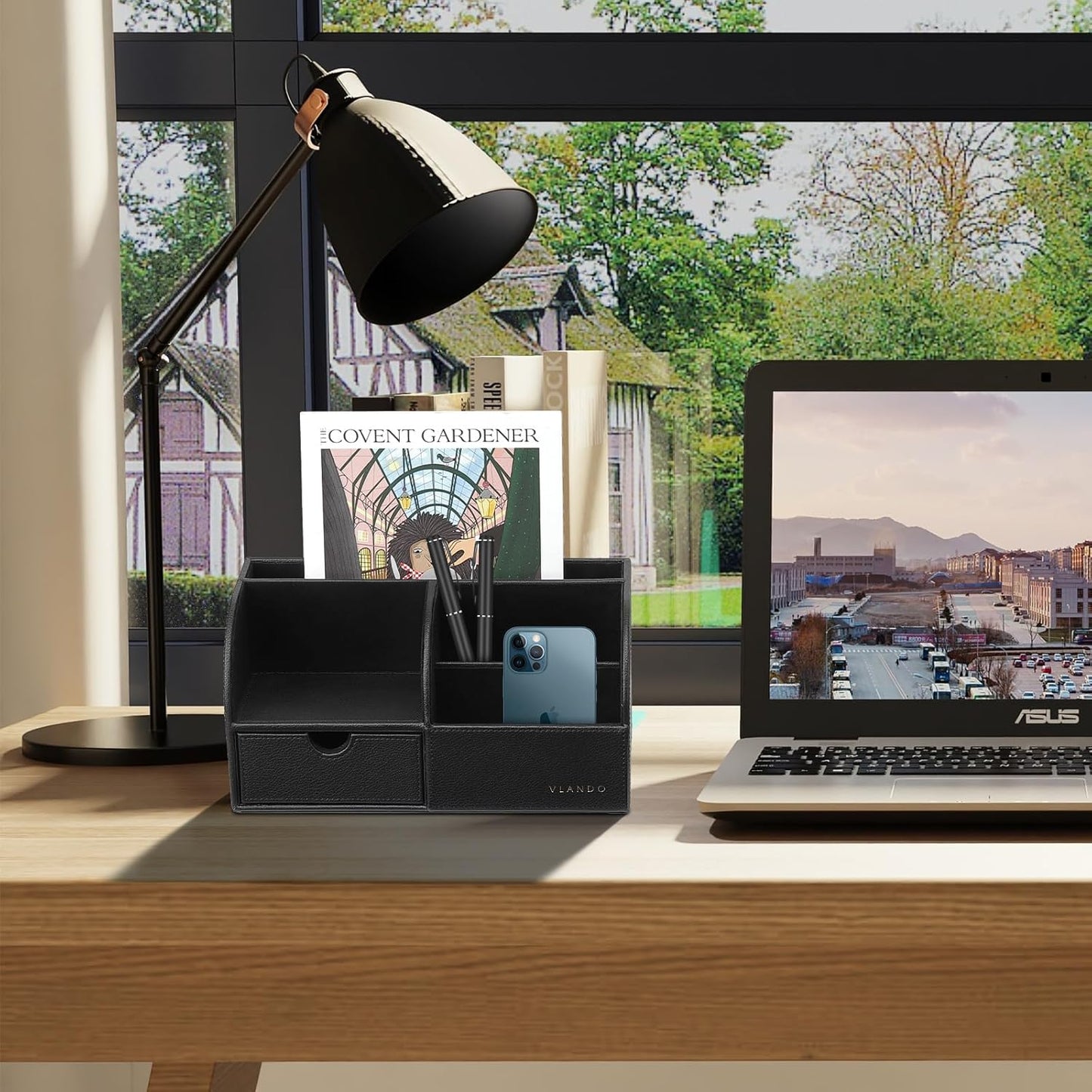 Vlando Office Supplies Desk Organizer Caddy, Desktop Hanging File Letter Document Storage Holder with Drawer Organizer Section for Office Home (Black)