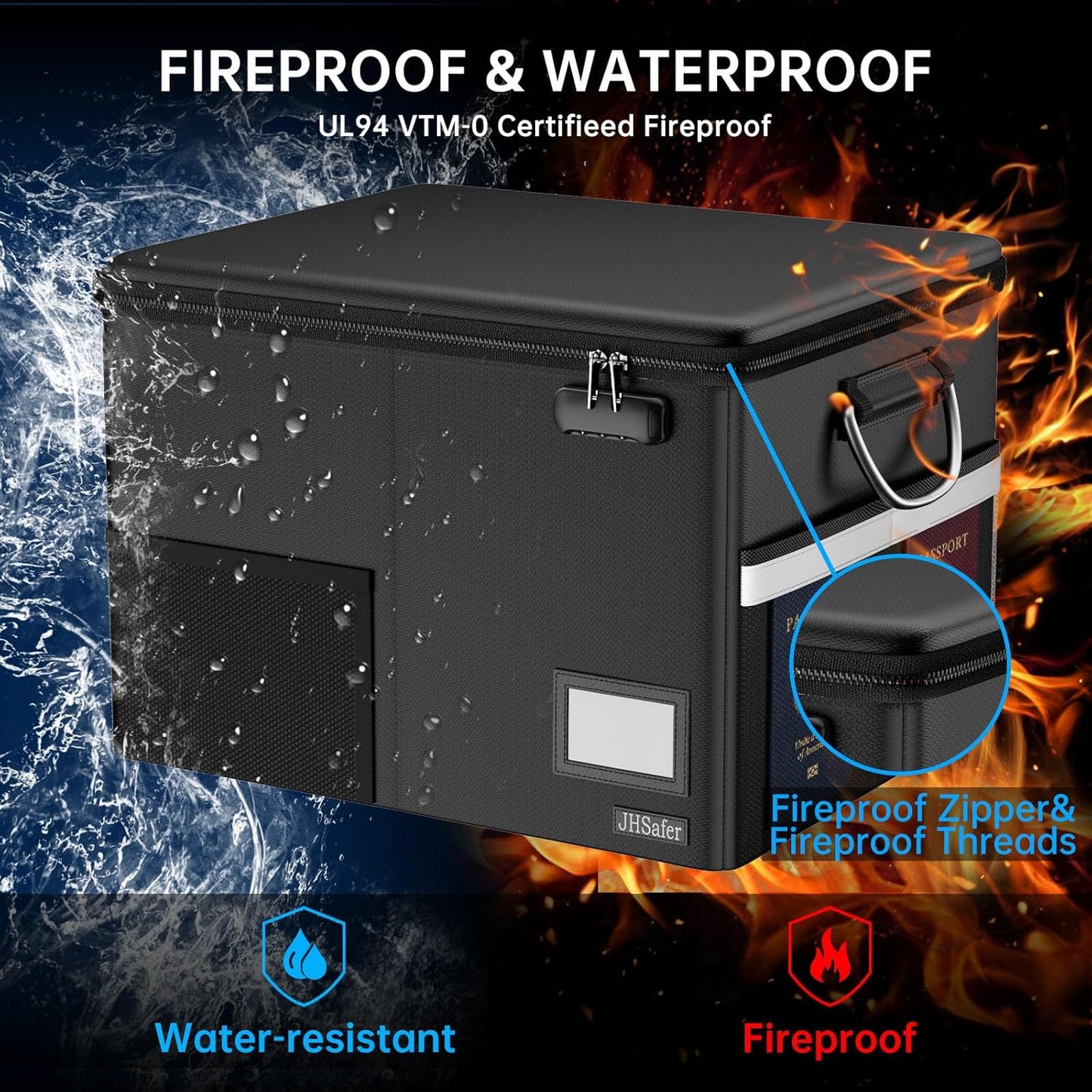 5200℉ Fireproof Document Box with Lock, Waterproof File Organizer with Handle, Portable Collapsible Filing Cabinet with Reflective Strip for Hanging Letter/Legal Folder, Black