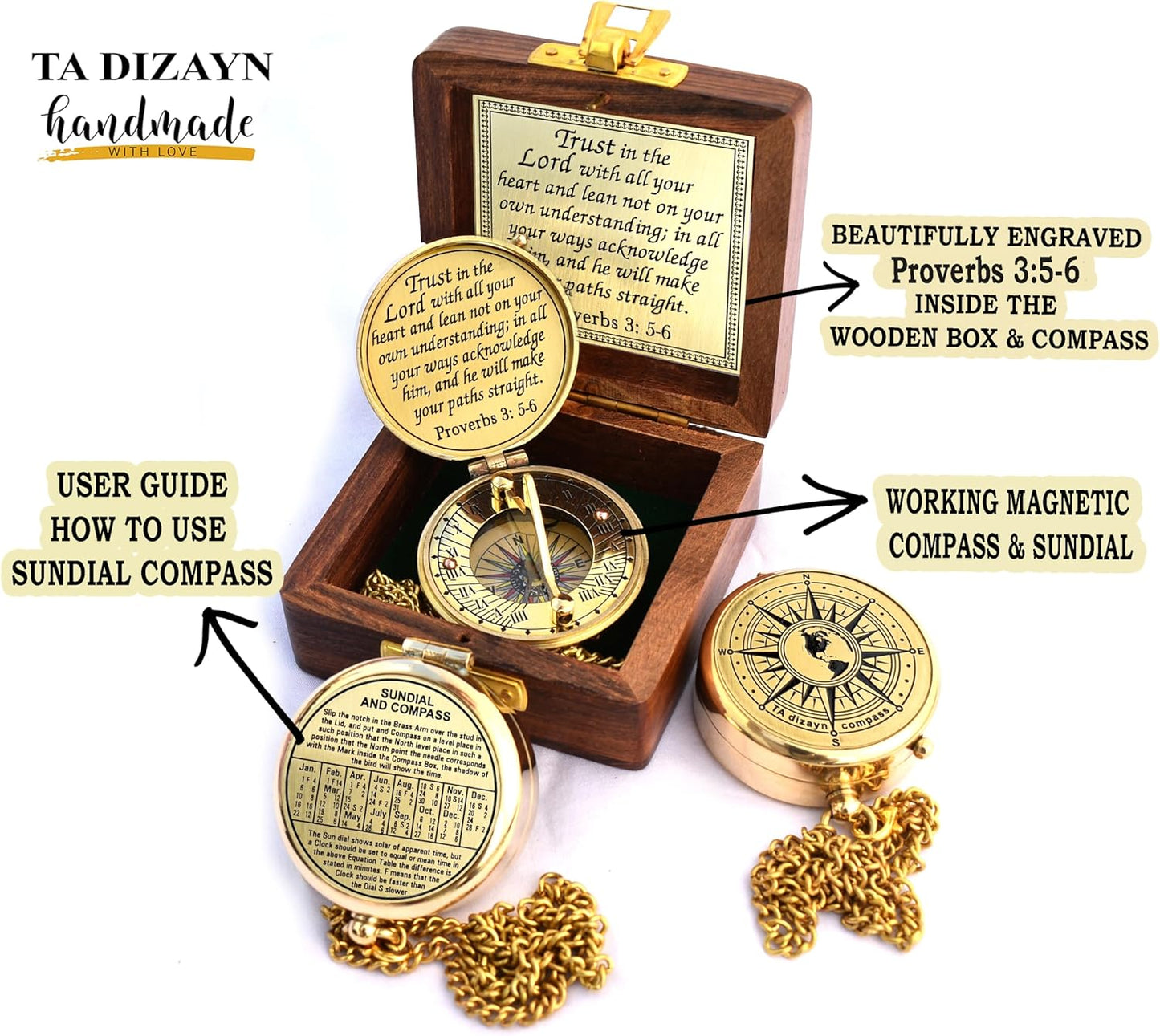 Trust in The Lord With All Your Heart - Proverbs 3:5-6 Quote Engraved Compass With Wooden Box, Greeting Card, Gift Compass, Graduation Day Gifts 2024 for Women Men Boys Girls
