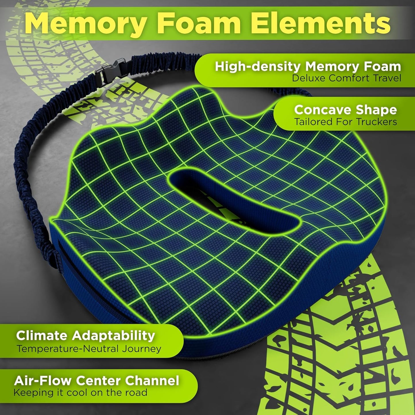 XL Truck Seat Cushion for Truck Driver Seat Cushion - Upgraded Back Support, CertiPUR-US® Certified - Thick Memory Foam, Pain Relief for Hours of Driving, Trucker Approved Big Rig - Navy