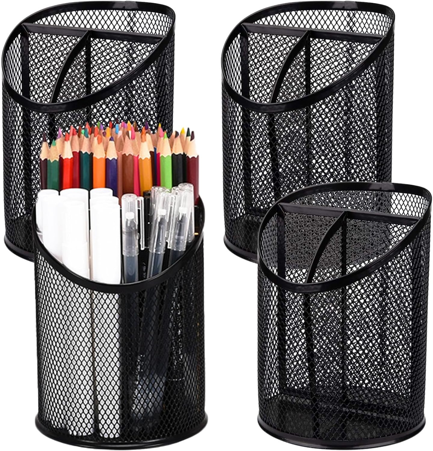 Nicunom 4 Pack Pen Holder Mesh Pencil Holder Round Pen Cup for Desk, 3 Compartments Desktop Pencil Organizer for Office Home School, Black