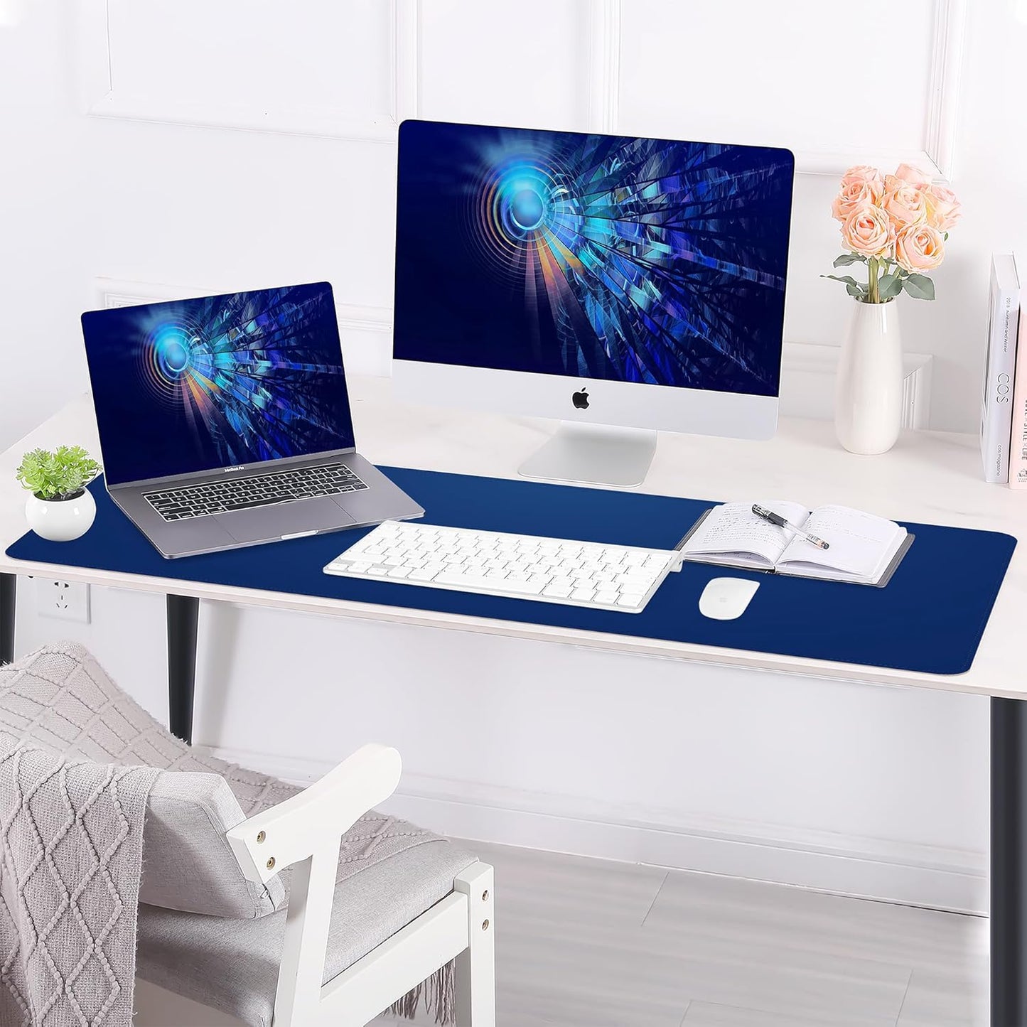 Leather Desk pad Protector, Large Desk mat with Natural Cork & PU Leather,Mouse pad,Non-Slip Office Desk Mat,Waterproof Desk Writing Pad for Office and Home (Sapphire Blue,47in*23in)