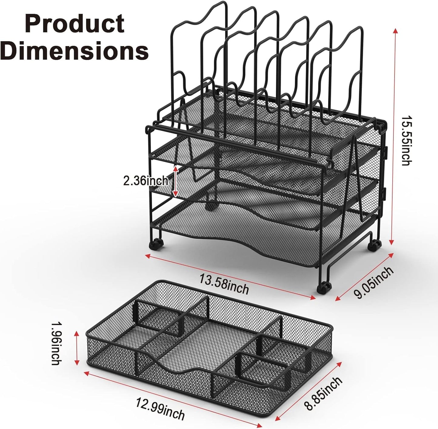 Mesh Desk Organizer, 3-in-1 Desktop Organizer with 3 Tier Tray and 5 Upright Sections, File Organizer for Desk with Sliding Drawer, Black
