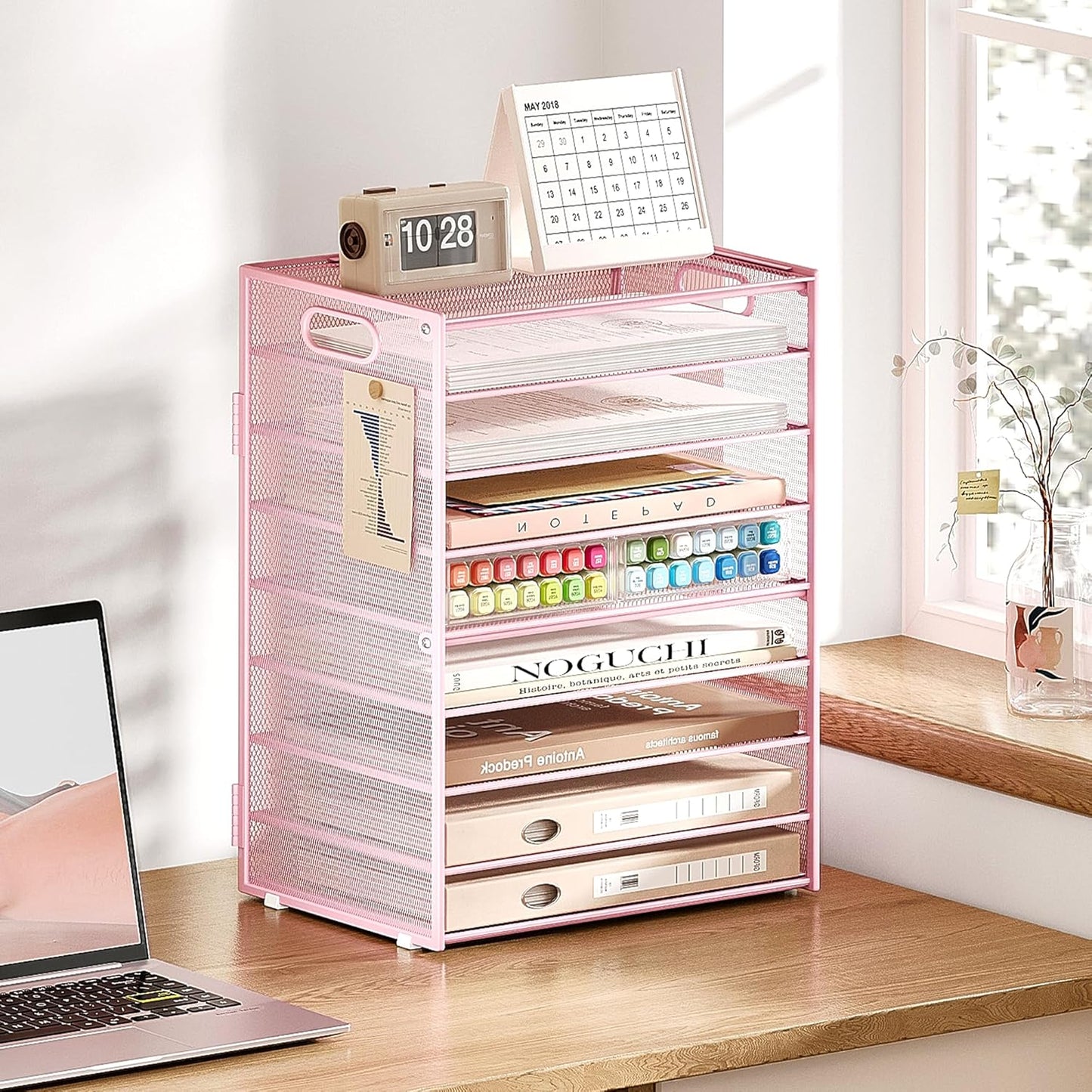 Subekyu 9 Tier Paper Letter File Tray Organizer for Desk, Pink Large Mesh Desk Folder Sorter Organizer with Handle, Include 6 Pcs Adjustable Height Slid Tray for Office Home School Supplies Storage