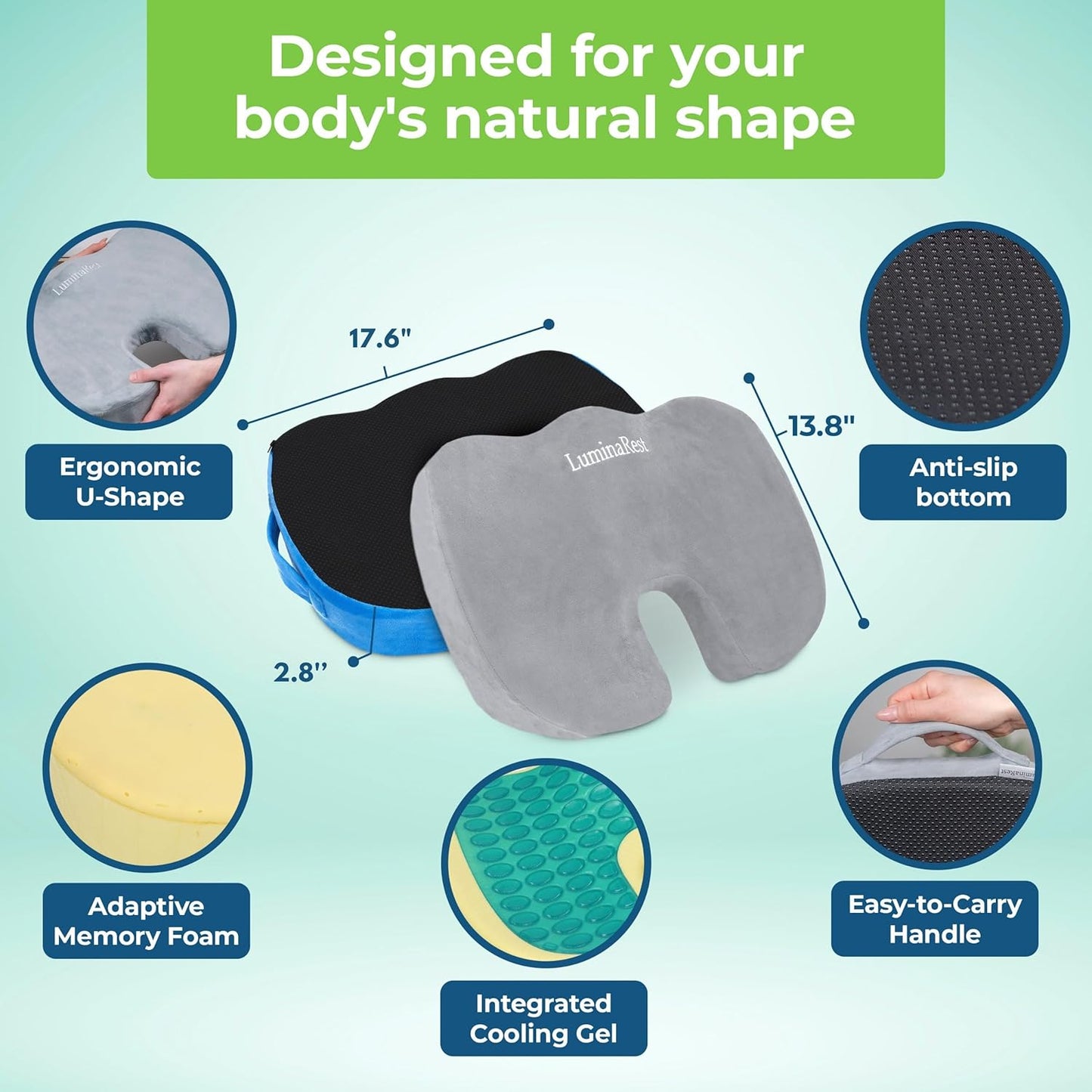 LuminaRest® Gel Enhanced Seat Cushion for Long Sitting – CertiPUR-US® Certified Memory Foam – Premium Gel Tailbone Pain Relief Cushion, Adaptable for Office, Car, Airplane & Wheelchair – (Gray)