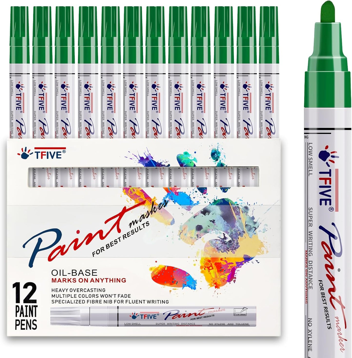 TFIVE Green Paint Pens Markers - 12 Pack Oil Based Permanent Marker, Medium Tip, Never Fade, Quick Dry, Waterproof Paint Pen for Rocks Painting, Wood, Fabric, Plastic, Canvas, Glass, Metal