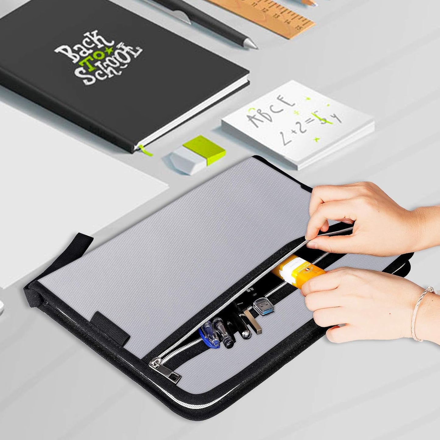 Fireproof Safe Waterproof Accordion File Bag Folder Expanding Filing Folder with 14 Multicolored Pockets, A4 Letter Size, Document Organizer Holder and Color Labels /2 Zipper (Silver 14.3" x 9.8")