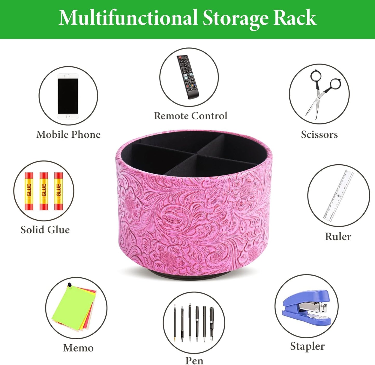 lizimandu Round Leather Art Supply Organizer,Remote Control Holder,360 Degree Spinning,Multi-Functional Pencil Holder,4 Compartments Desktop Stationary Organizer(1-Carved Red2)