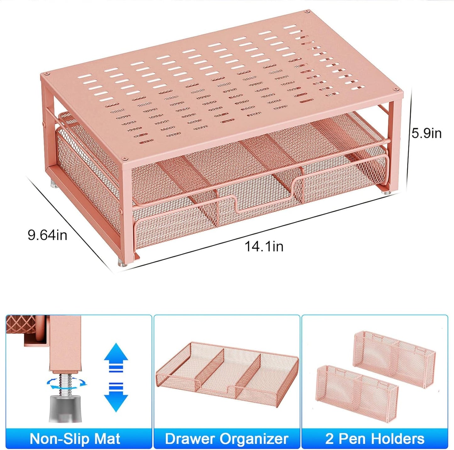 gianotter Desk Organizers and Accessories, Monitor Stand with Drawer and 2 Pen Holder, Desktop Organizer Suitable for Offices and Dormitories (Rose Gold)