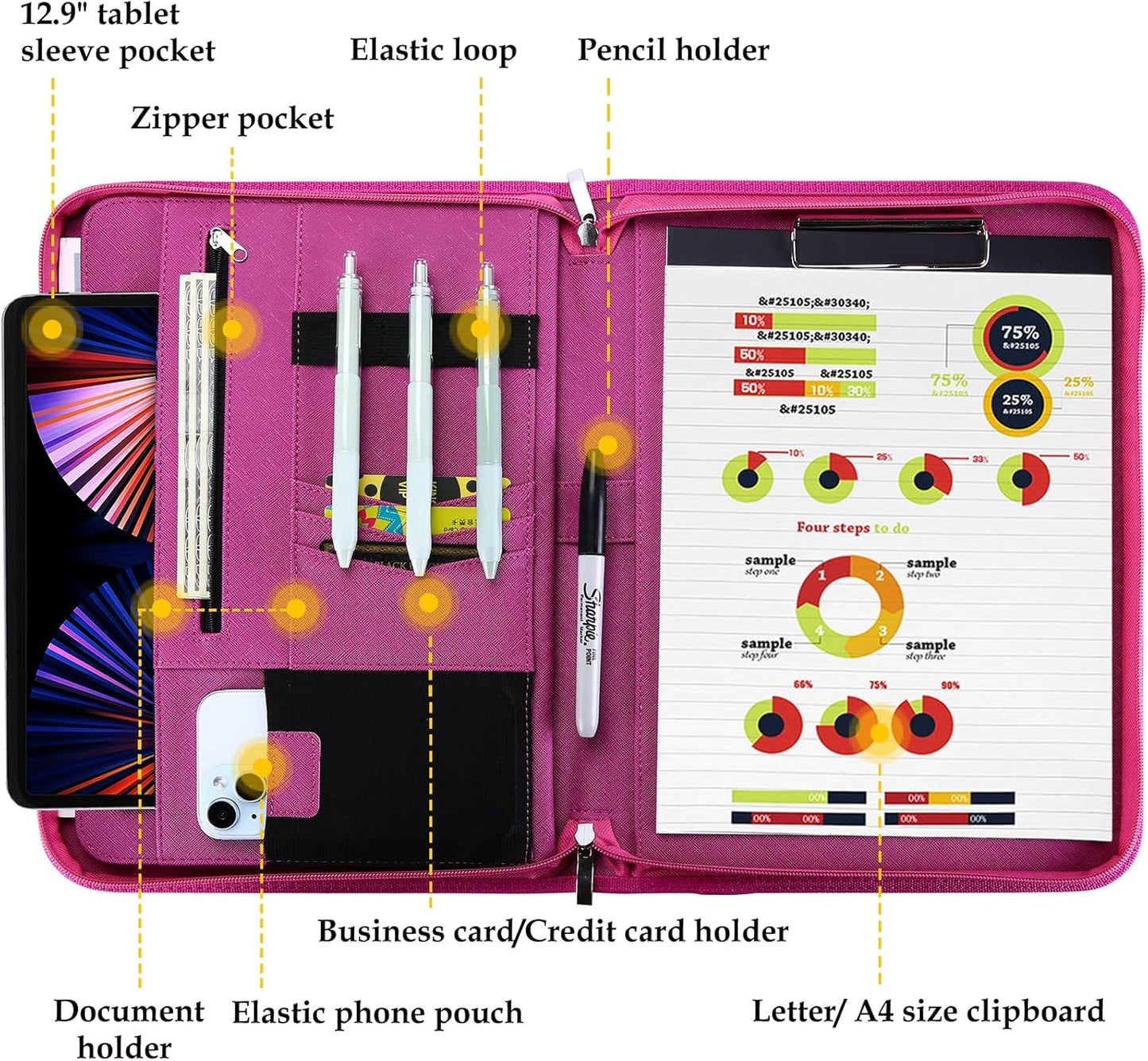 ProCase Portfolio Business Padfolio Folder with Zipper, Conference Meeting Executive File Legal Document Organizer with Pockets Letter Size A4 Writing Pad Notepad Padfolio -Magenta