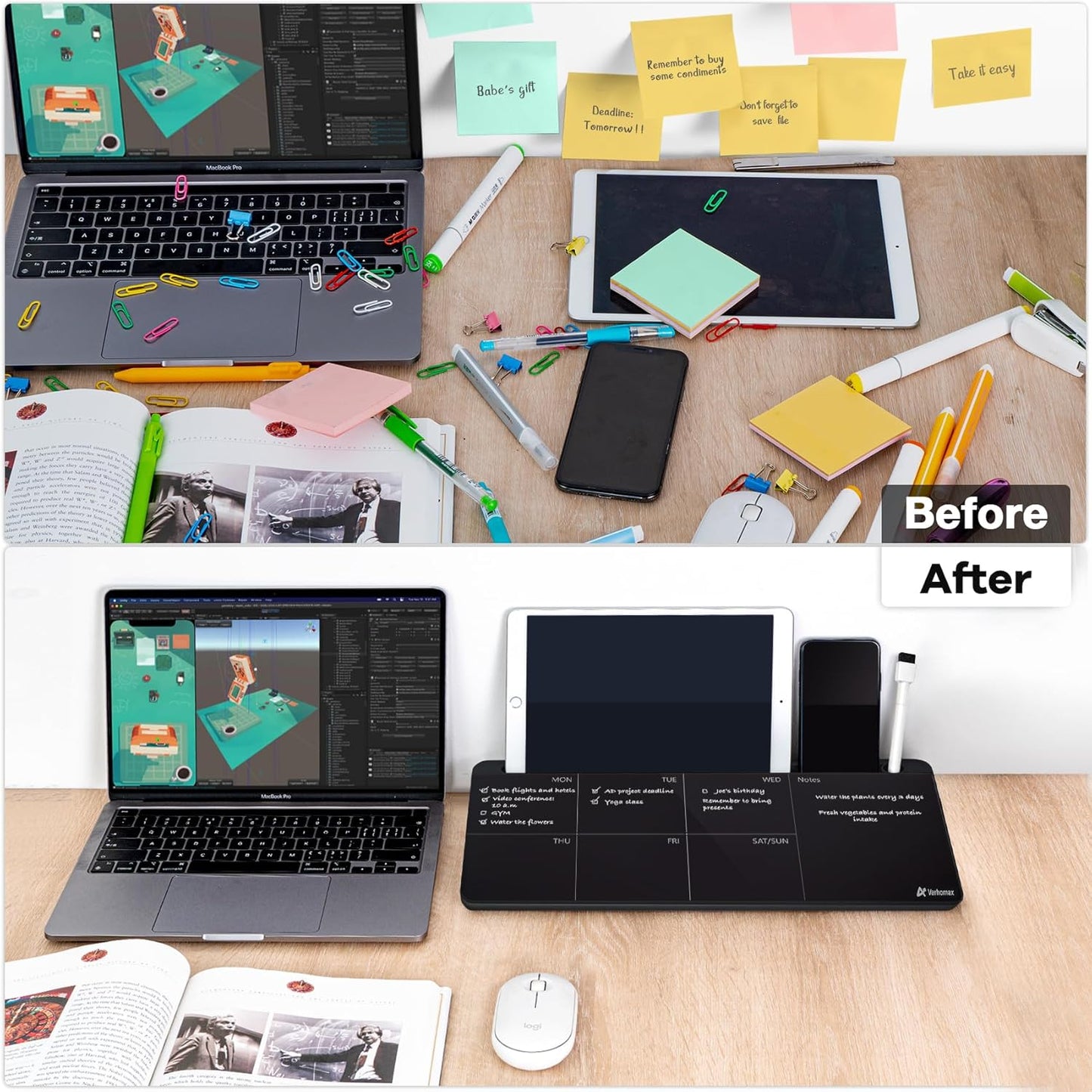 Varhomax Glass Weekly Planner Desk White Board, Desktop Calendar Whiteboard with Storage, to Do List Memo Caddy for Home Office and School Supplies, Black