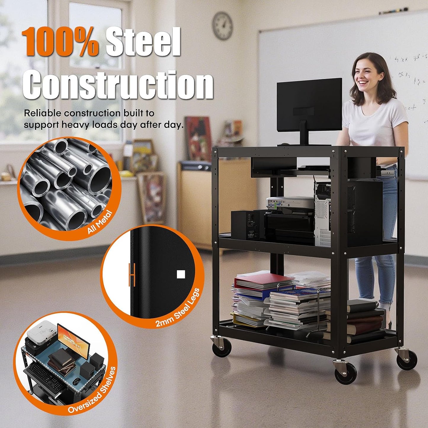 Extra-Large 3-Tier Utility Cart with Built-in Power Strip – Heavy-Duty 14-Gauge Steel Rolling Cart for Office, Workshop, or Classroom – 300 Lb Capacity (34" x 18" x 41.75")