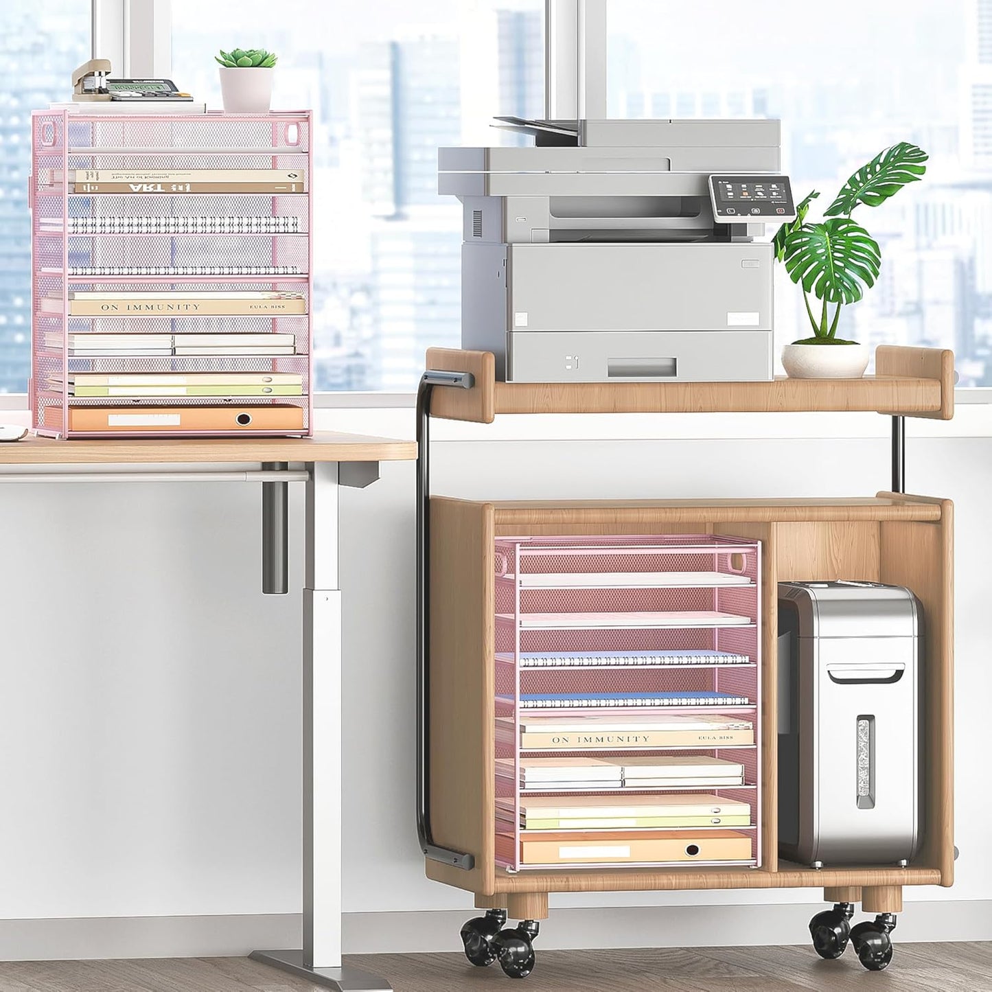 Subekyu 9 Tier Paper Letter File Tray Organizer for Desk, Pink Large Mesh Desk Folder Sorter Organizer with Handle, Include 6 Pcs Adjustable Height Slid Tray for Office Home School Supplies Storage