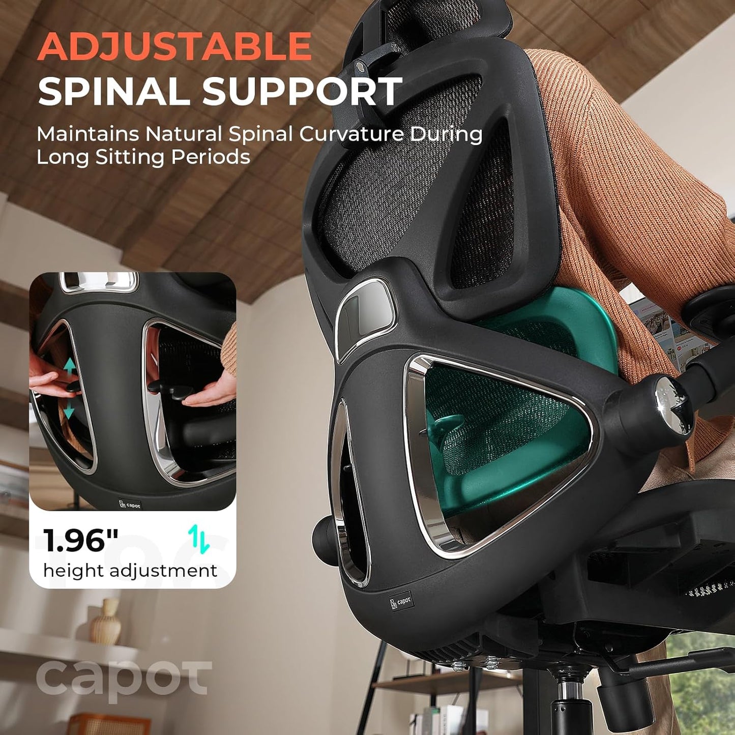 CAPOT Ergonomic Mesh Office Chair, Adjustable Lumbar High Back Desk Chair 400lbs, 4D Flip-up Arms, 3-Level Tilt Backrest, 3D Headrest, PU Wheels, Swivel Rolling Computer Seating for Long Desk Work