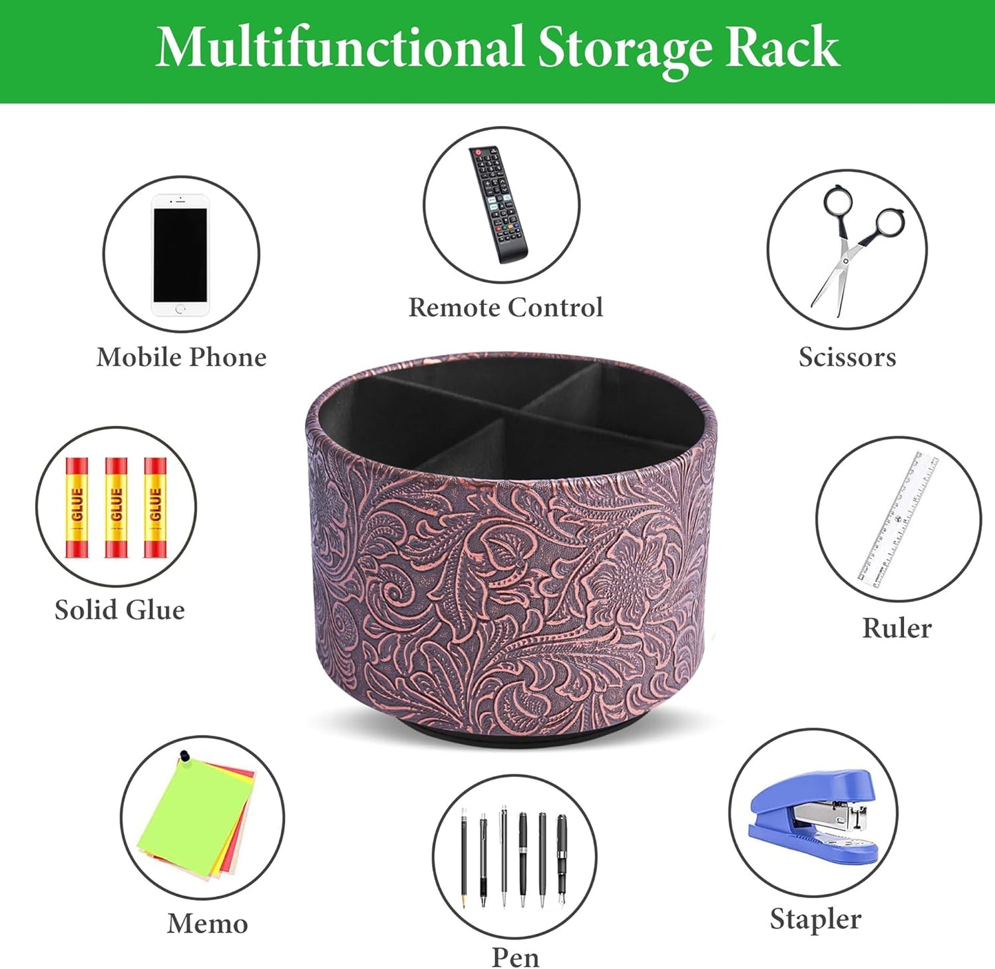 lizimandu Round Leather Art Supply Organizer,Remote Control Holder,360 Degree Spinning,Multi-Functional Pencil Holder,4 Compartments Desktop Stationary Organizer(1-Carved Cooper Red)