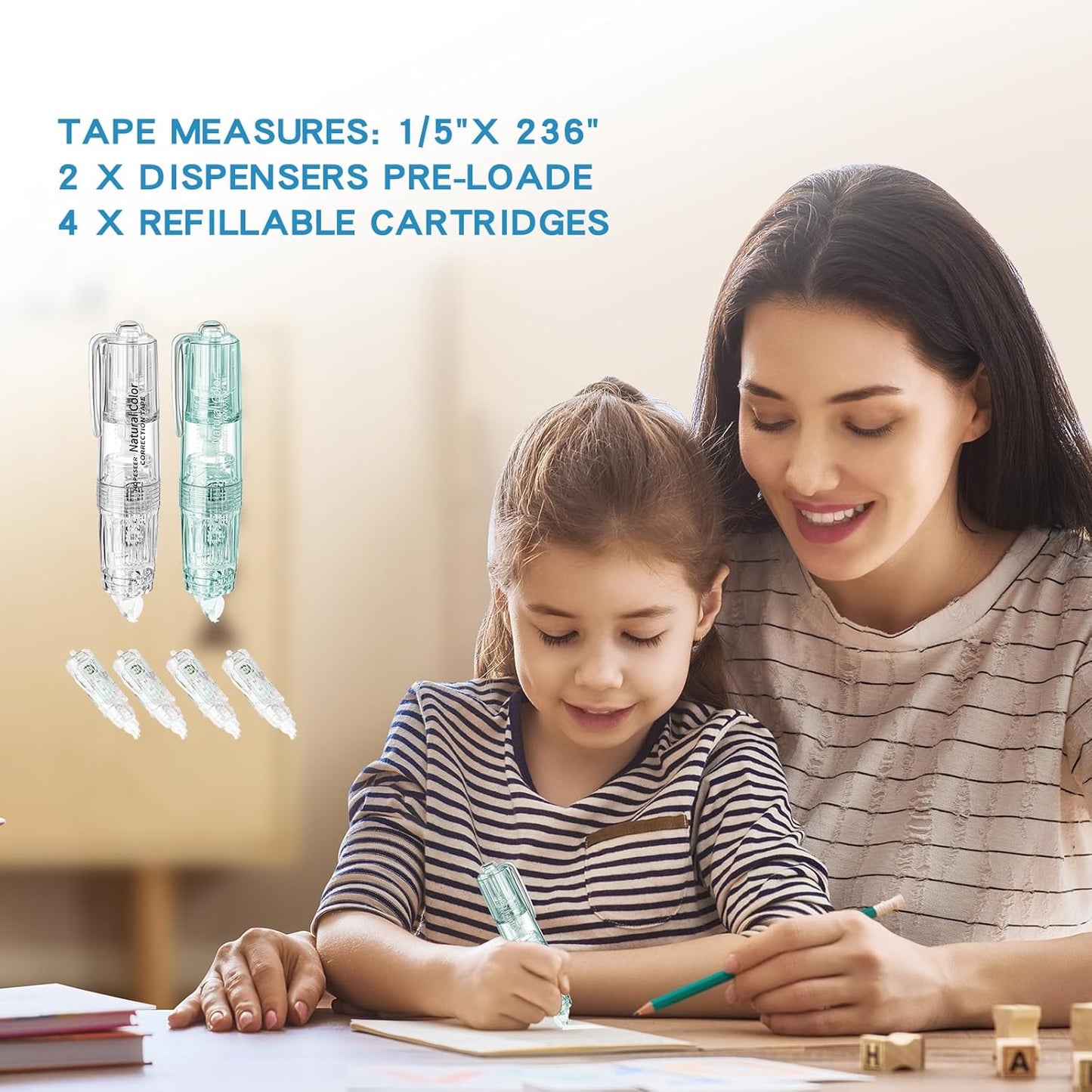 White Retractable Correction Tapes, 2 Cute Pre-Loaded Correctors with 4 Refills, Pull-Out Pen-Shaped Applicator, Anti-Break Tape for Office Supplies (Transparent, Green)