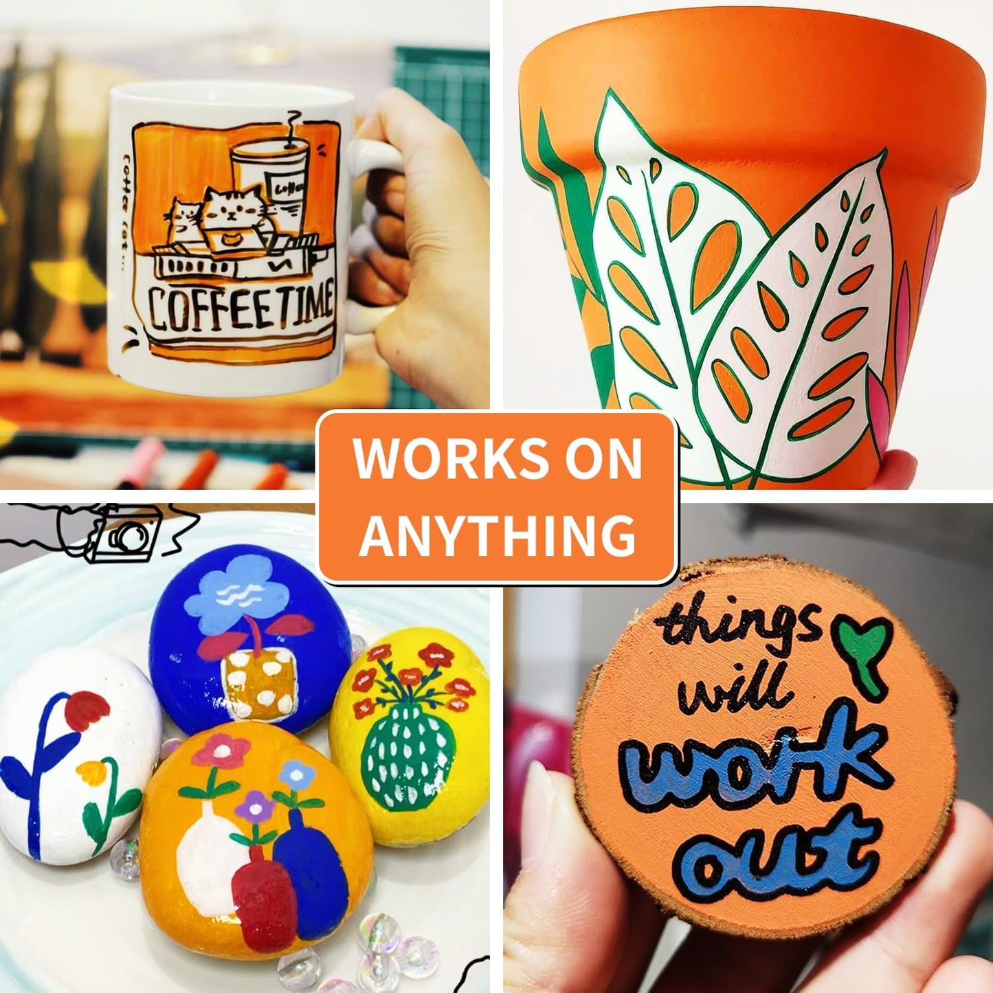 Orange Permanent Paint Pens - 6 Pack Oil Based Paint Markers, Pens For Rock Painting Car Tyre Metal, Plastic, Canvas, Mugs, Wood, Glass, Quick Drying and Waterproof, Medium Point