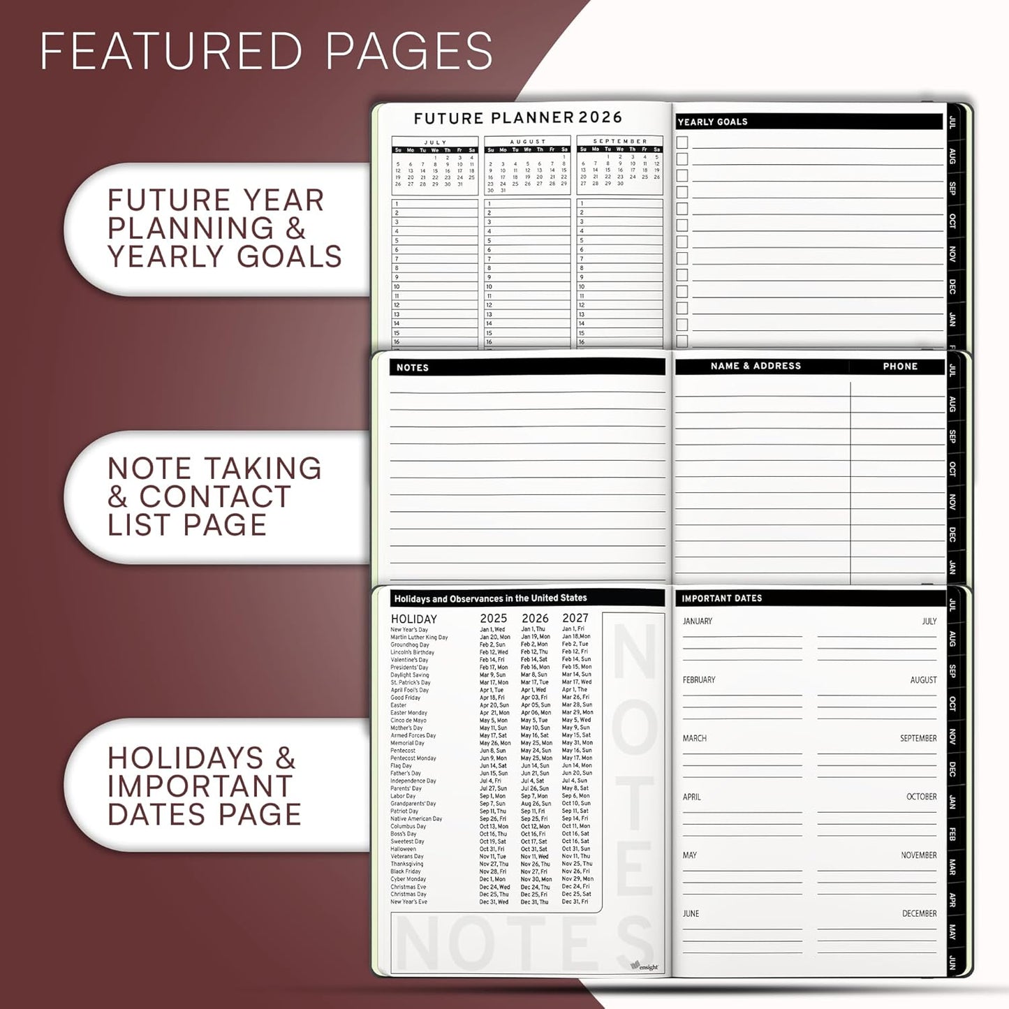 Ensight 2025-2026 HARDCOVER Leather Planner Weekly & Monthly - 8.5x11 Inches - Academic Planner Business Personal or Student - Pen Holder, Thick Paper, July 2025 - June 2026 (Red)