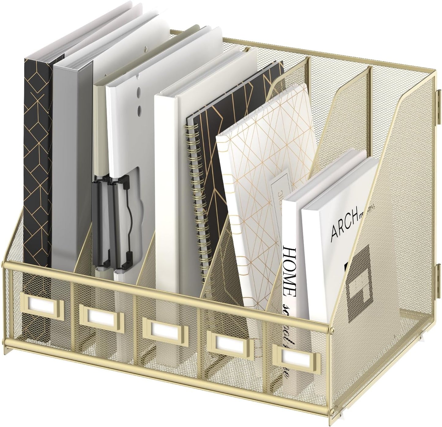 SUPEASY Desk Organizers Metal Desk Magazine File Holder with 5 Vertical Compartments Rack File Organizer for Office Desktop, Home Workspace, Golden Yellow