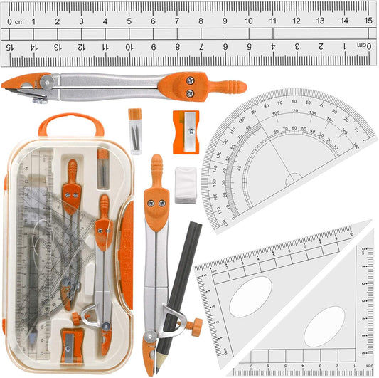 Maths Compasses for Geometry Student Drafting Compass Set Starter Kit with Protractor, Set Squares with Case for School Maths Study, Orange