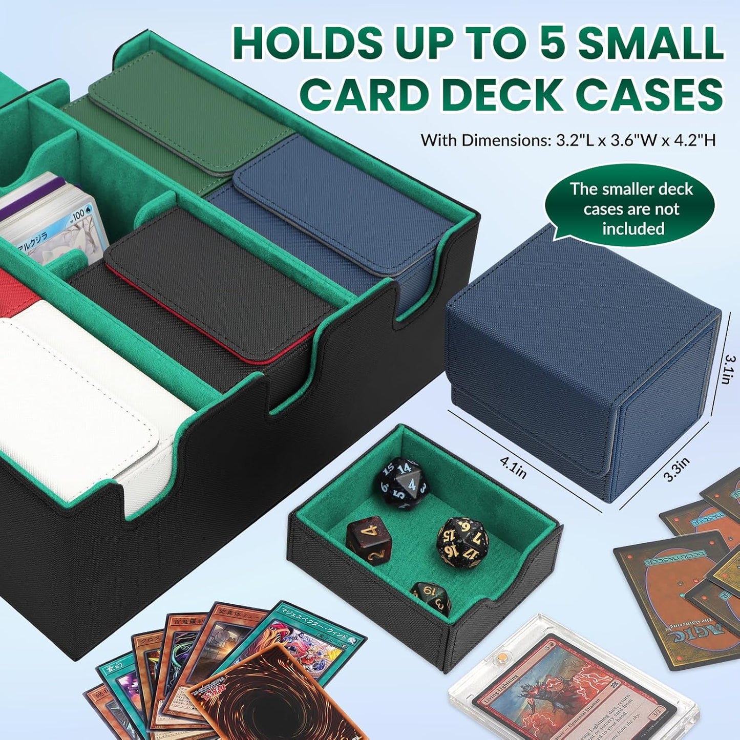 Leather Magnetic Card Storage Box for Trading Cards, Holds 5 MTG Deck Boxes, with 13 Dividers & Dice Tray