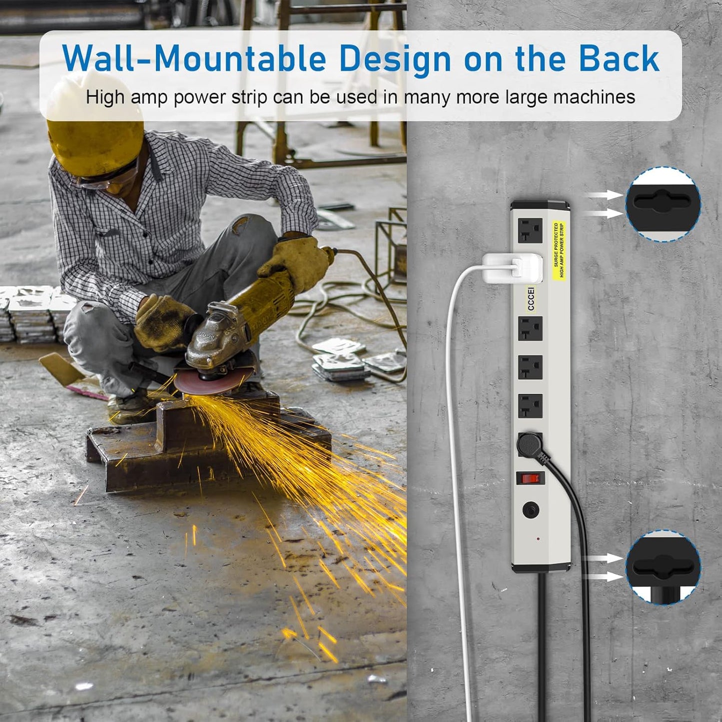 CCCEI Heavy Duty Power Strip Surge Protector 20 Amp, High Amp Industrial Shop Garage Metal Multiple Outlets, 15 FT 12 Gauge 5-15P Extension Cord 6 Outlet 6-20R T-Slot 20a for Appliance.