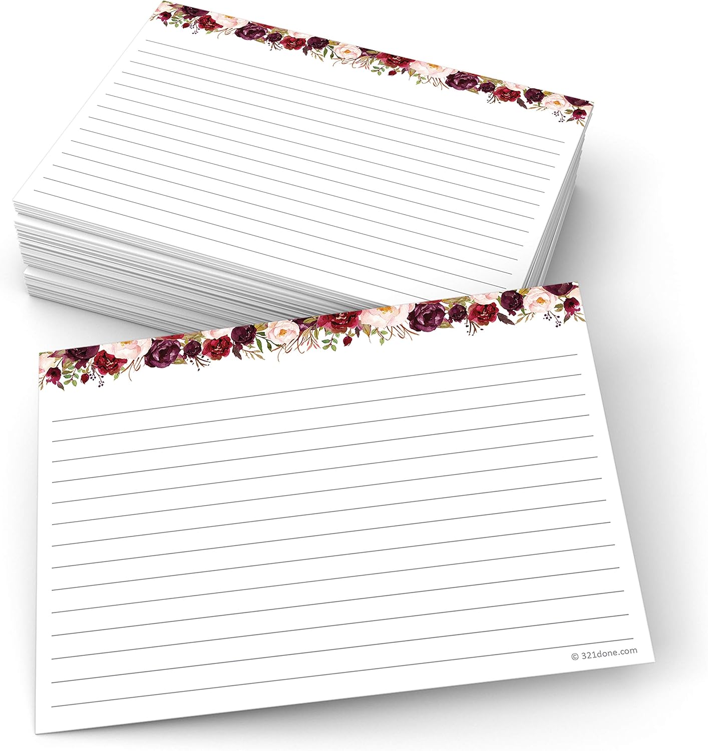 321Done Jumbo Floral Index Cards - Made in USA – Large 5x7 (Set of 50), College-Ruled Lined Notecards Double-Sided, Thick Heavy Duty Cardstock, Cute Pretty Flowers Red Roses on White Note Cards, XL