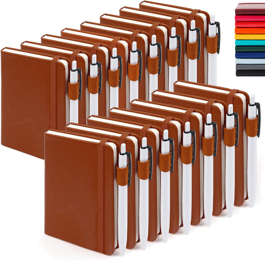 feela 15 Pack Pocket Small Notebooks Bulk, Mini Cute Notepads Hardcover College Ruled Lined Journals with Pen Holder for School Business Memos, with 15 Black Pens, 3.5”x 5.5”, A6, Brown