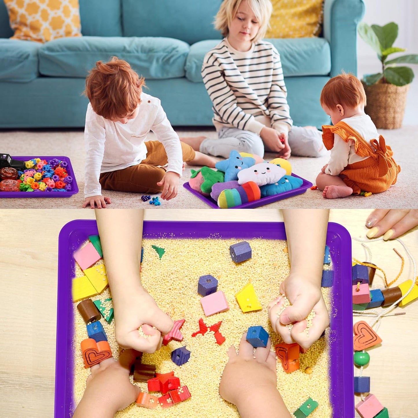 Maitys 24 Pcs Plastic Art Trays 11 x 8.7 x 1 Inch Activity Craft Tray Organizer Serving Tray Stackable Storage Sand Trays for School Painting Beads Crafts DIY Projects(Purple)