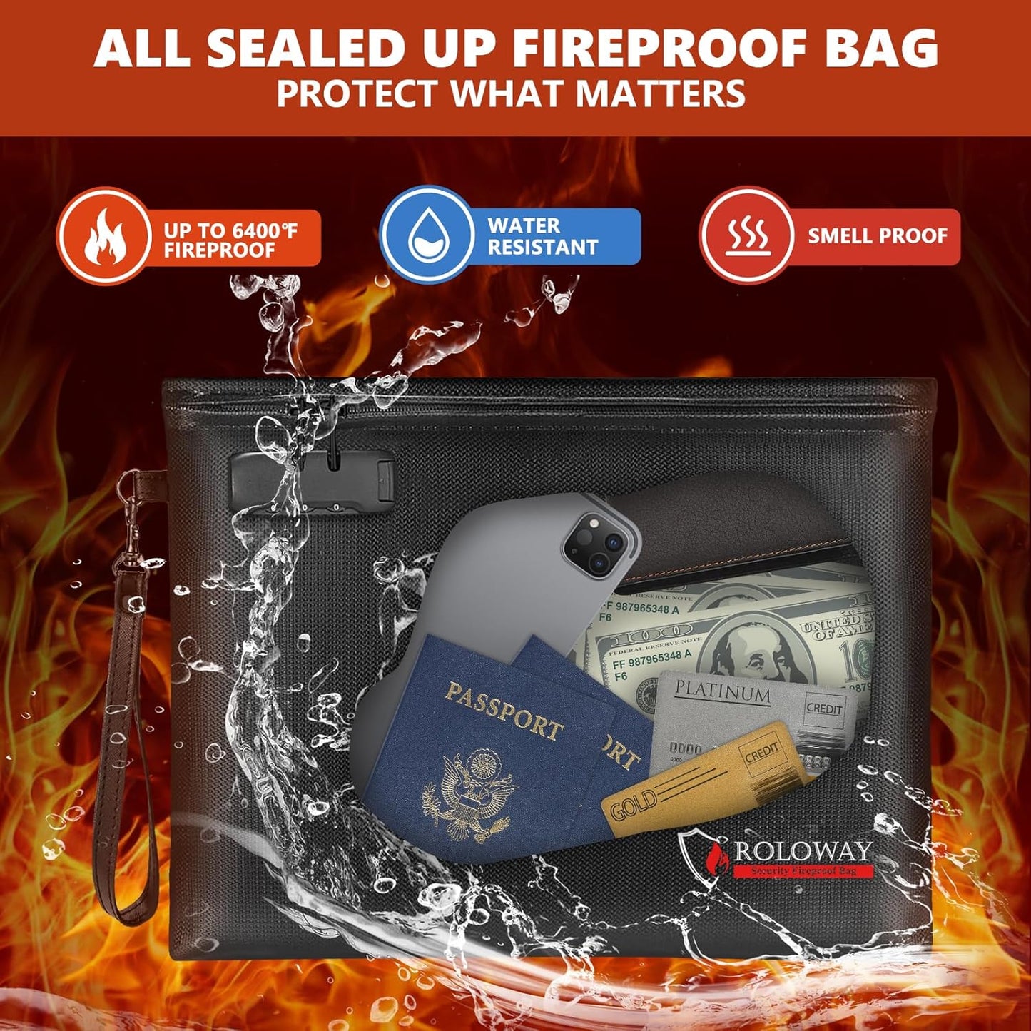 ROLOWAY Fireproof Document Bag (14.5 x 11.5 inch), 6400℉ Fireproof Money Bag with Zipper for Cash, Fire Safe Money Pouch with Lock (Black)