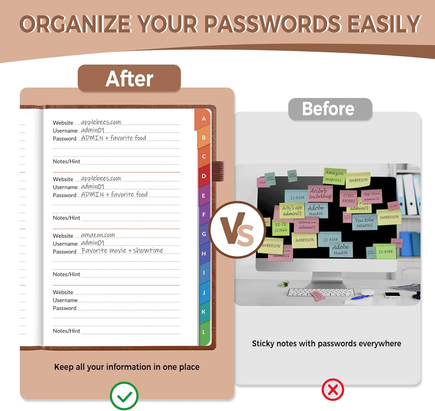 SUNEE Password Book with Colorful Alphabetical Tabs, Password Books for Seniors, Password Keeper Book for Computer and Internet Address Website Login, 5.3''x 7.7''- Brown