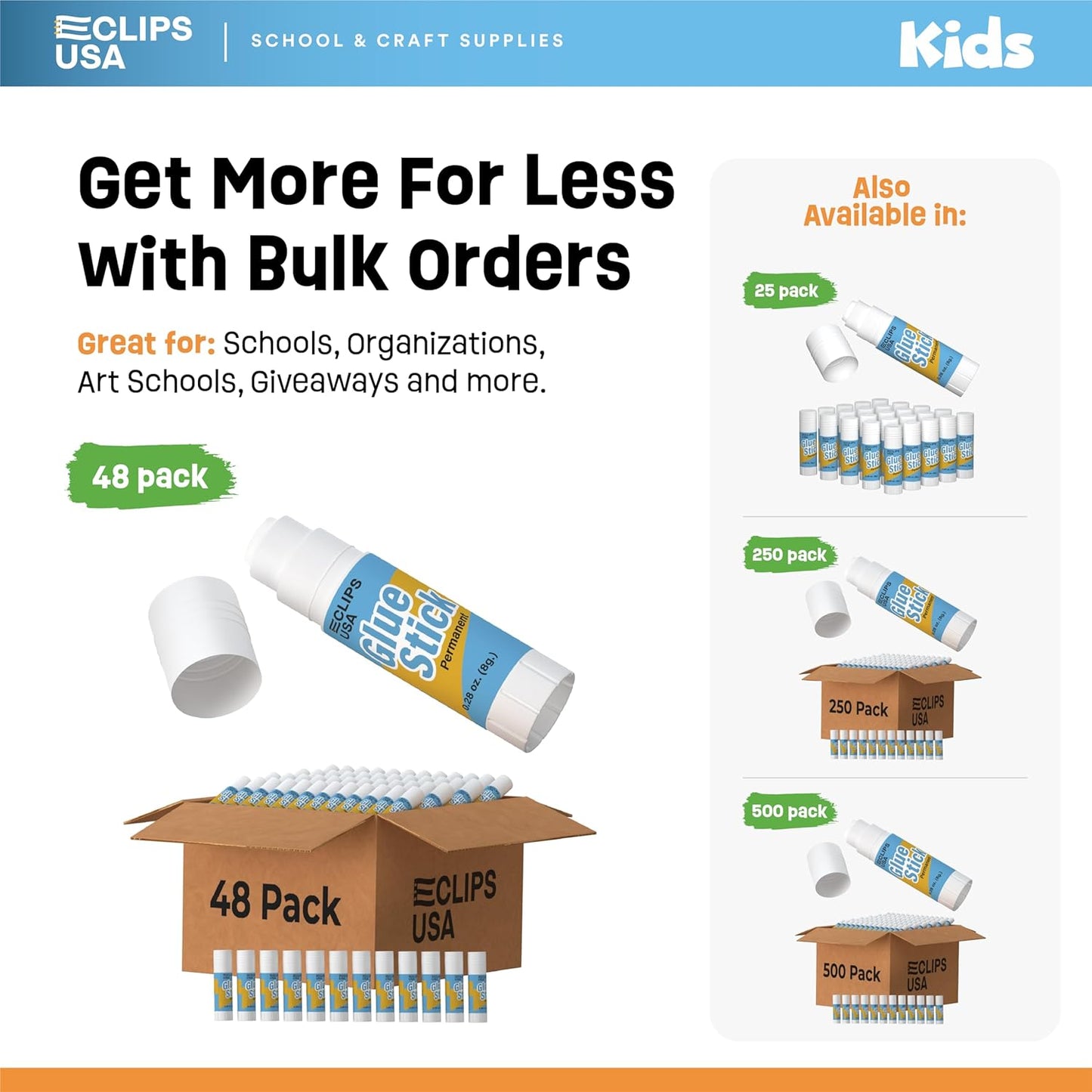 Glue Sticks Bulk (48 Pack), Washable Glue Sticks for Kids, Craft Glue for School Supplies, .28 oz, 8 Grams (48 Pack)