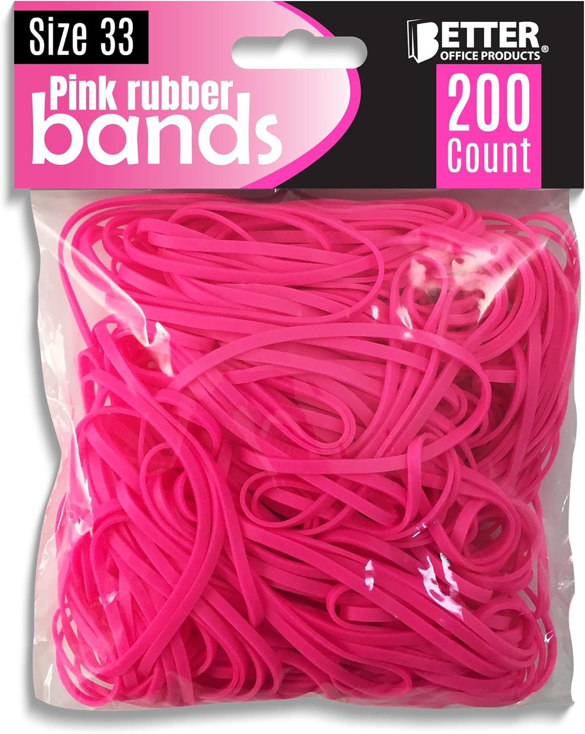 Better Office Products 200 Pink Rubber Bands, Size 33, 200/Bag, Hot Pink Rubber Bands