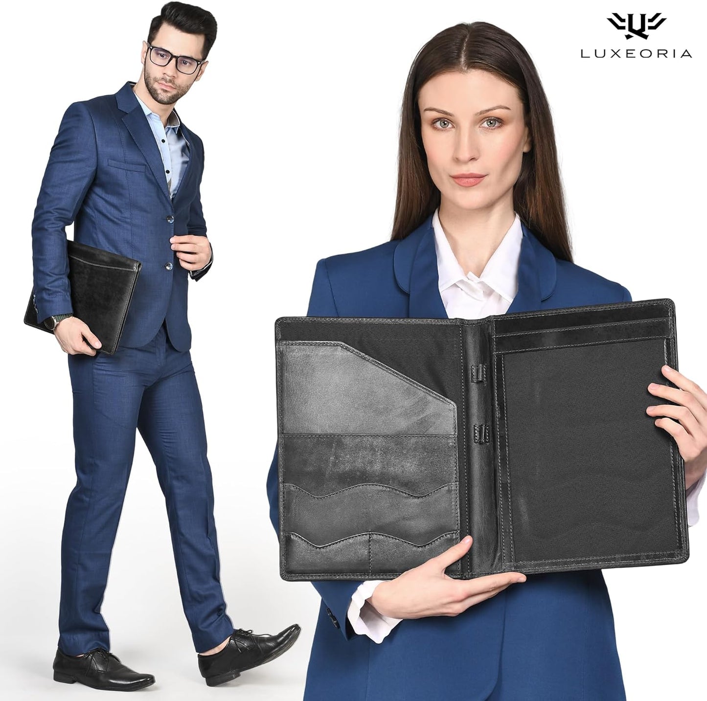 Leather Portfolio Professional Organizer Padfolio – Resume Folder, Document Binder w/Business Card Holder, Portfolios for Men & Women, Office & Business Supplies by Luxeoria, (Small - Black)