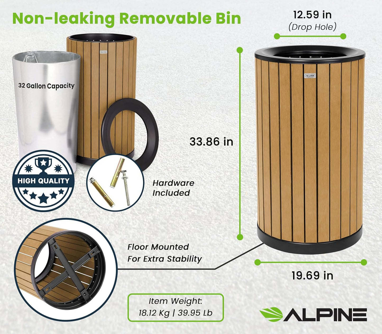 Alpine 32 Gallon Commercial Outdoor Trash Can - Heavy Duty Garbage Can Outdoor, Industrial Open Top Trash Can with Plastic Panels for Patio, Parks, Trails, Resorts (Flat Lid - Cedar)