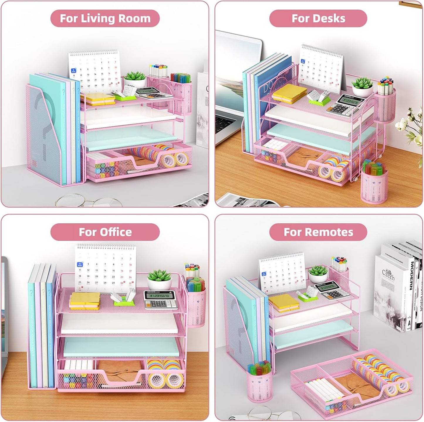 Marbrasse Desk Organizer and Accessories，4-Tier Paper Letter Tray Organizer with File Holder, Workspace Desk Organizers Accessories with Drawer and 2 Pen Holder (Pink, 15.4" x 9.1" x 8.3")