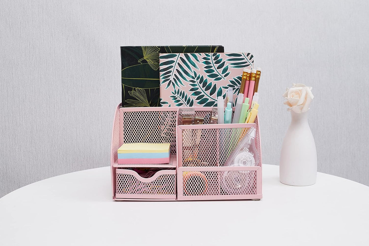 Annova Mesh Desk Organizer Office with 7 Compartments + Drawer/Desk Tidy Candy/Pen Holder/Multifunctional Organizer (Light Pink)