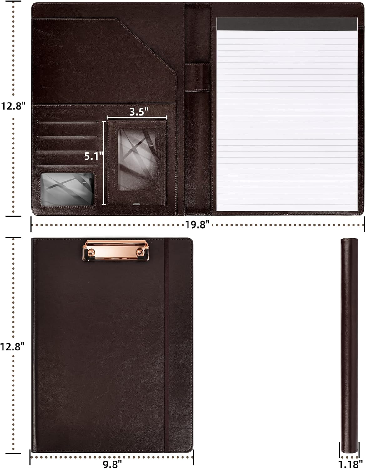 Leather Portfolios for Men Clip Boards 8.5x11 with Storage Dark Brown Leather Binder Folders