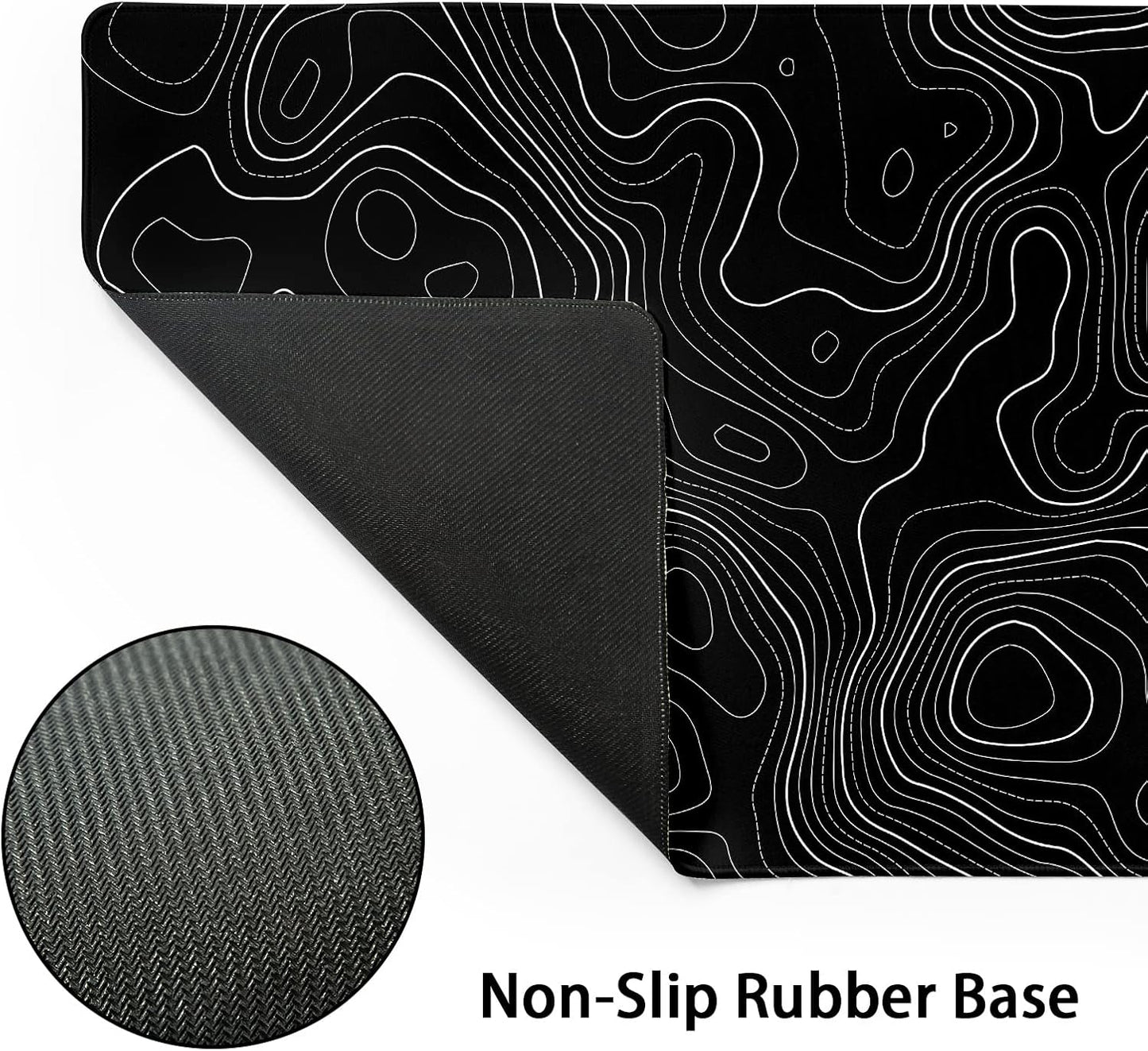Topographic Contour Black Gaming Mouse Pad XXL Topo Geographic Map Lines Extended Large Mouse Pad Big Desk Mat Non-Slip Rubber Base Stitched Edge Long Mousepad for Desktop Office Desk,35.4 x 15.7 in