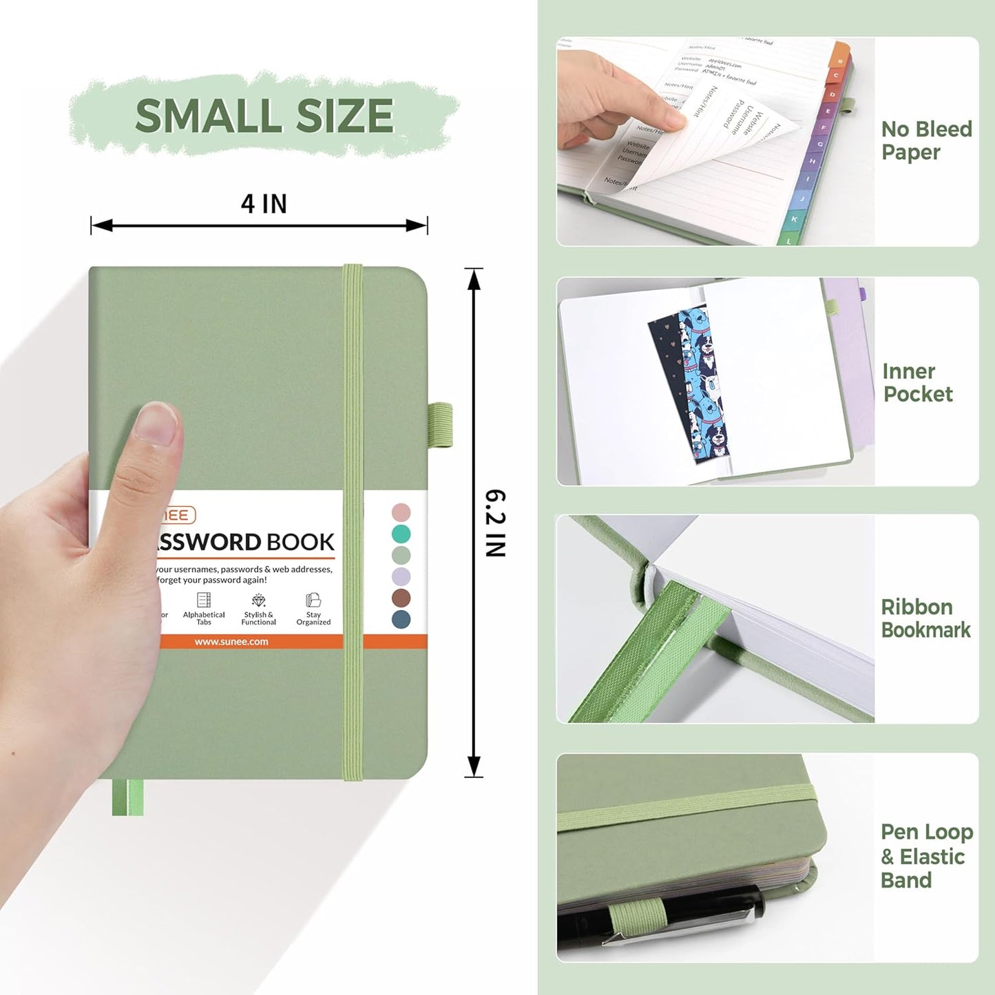 SUNEE Password Keeper Book with Colorful Alphabetical Tabs, Small Pocket Password Book for Internet Website Address Login, Gifts for Home and Office, 4''x 6''- Sage Green