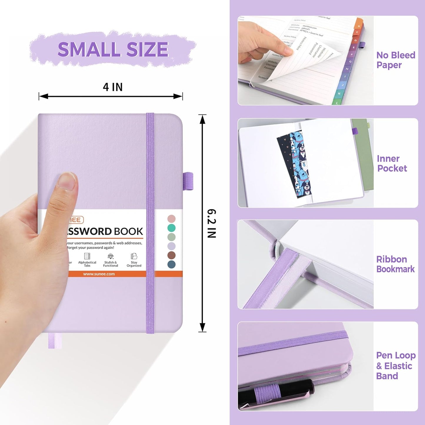 SUNEE Password Keeper Book with Colorful Alphabetical Tabs, Small Pocket Password Book for Internet Website Address Login, Gifts for Home and Office, 4''x 6''- Purple