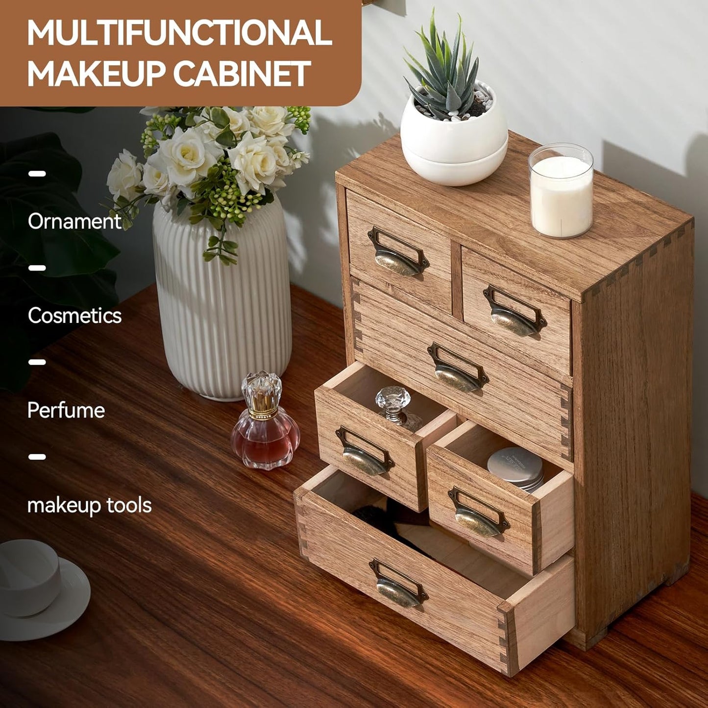 KIRIGEN Wooden Storage Cabinet Organizer Desktop Storage Drawers for Home Office Supplies Dark Brown(4D6CG-DBR)