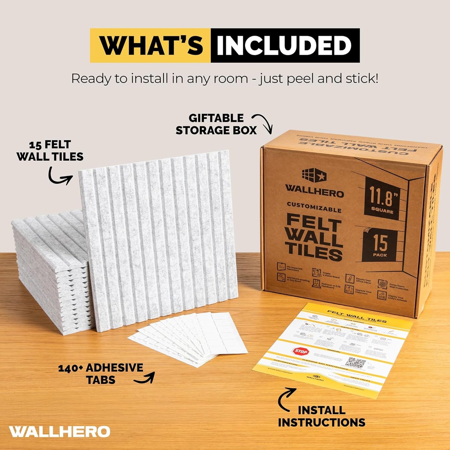 Office Cork Board, 59"x36" | 15 Pack | Felt Tiles for Wall, Tac Board, Large Felt Board, Wall Protector for Dart Board, (Gray Marble Slats)