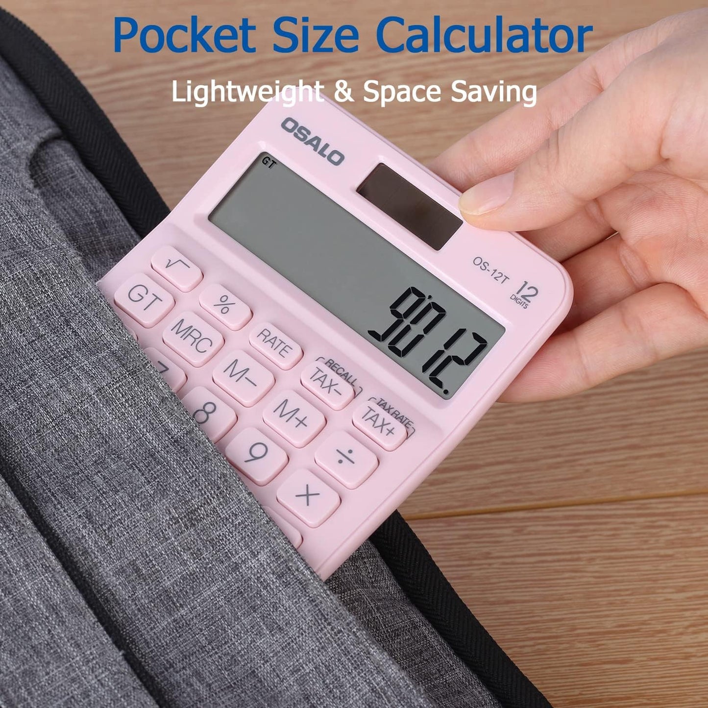 Pocket Small Size Desk Calculator, 12 Digit Large LCD Display, Basic Tax Function Handheld Desktop Calculator with Solar Battery Dual Power, Perfect for Office, School, Business OS-12T (Pink)