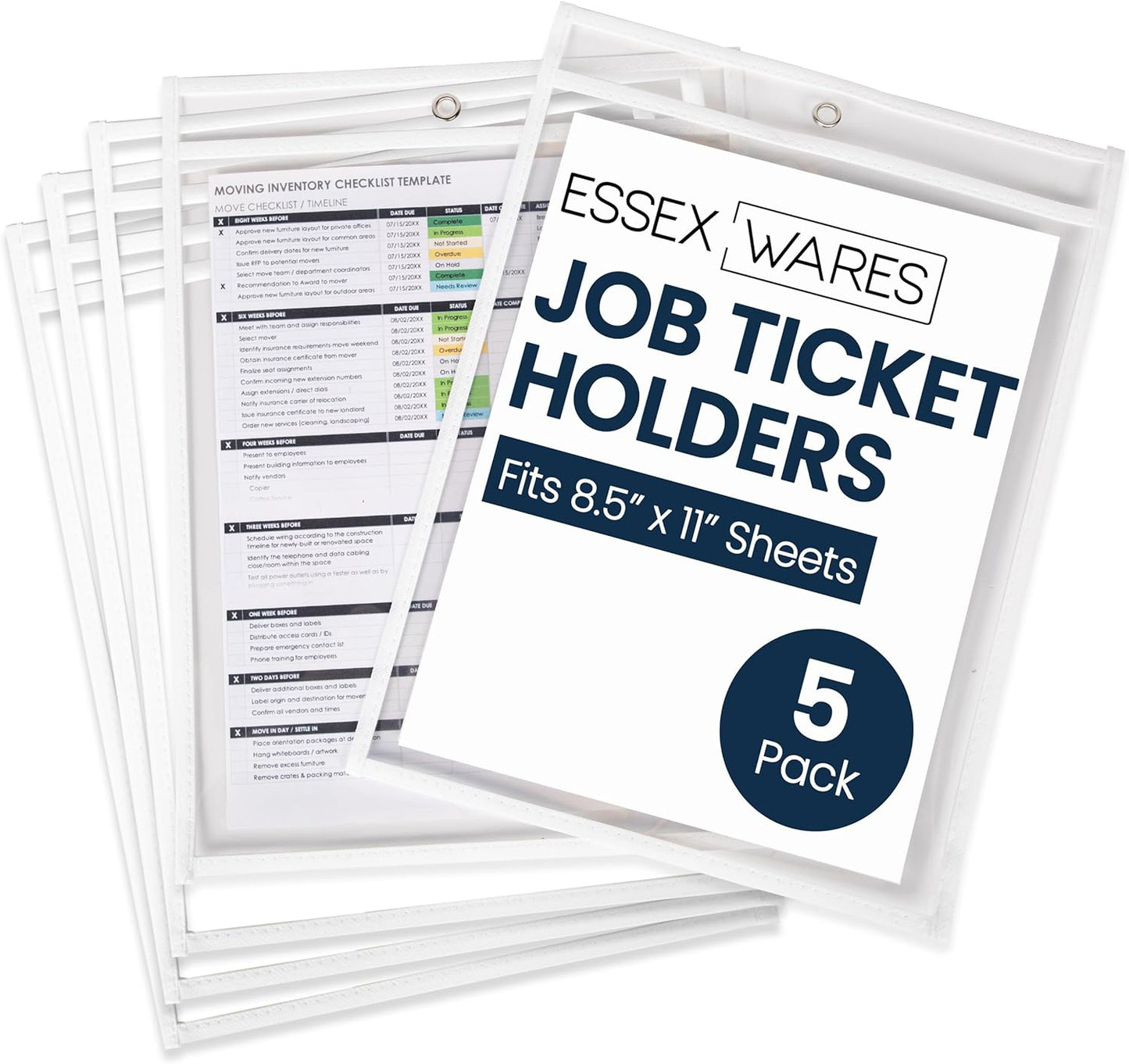 Essex Wares - 5 Pack, White, Job Ticket Holders, 10" Wide x 13.5" Tall - Clear Plastic Shop Ticket Holders - Easy to Use, Reusable & Easy Erase Plastic Invoice Holders, Water-Resistant & Durable