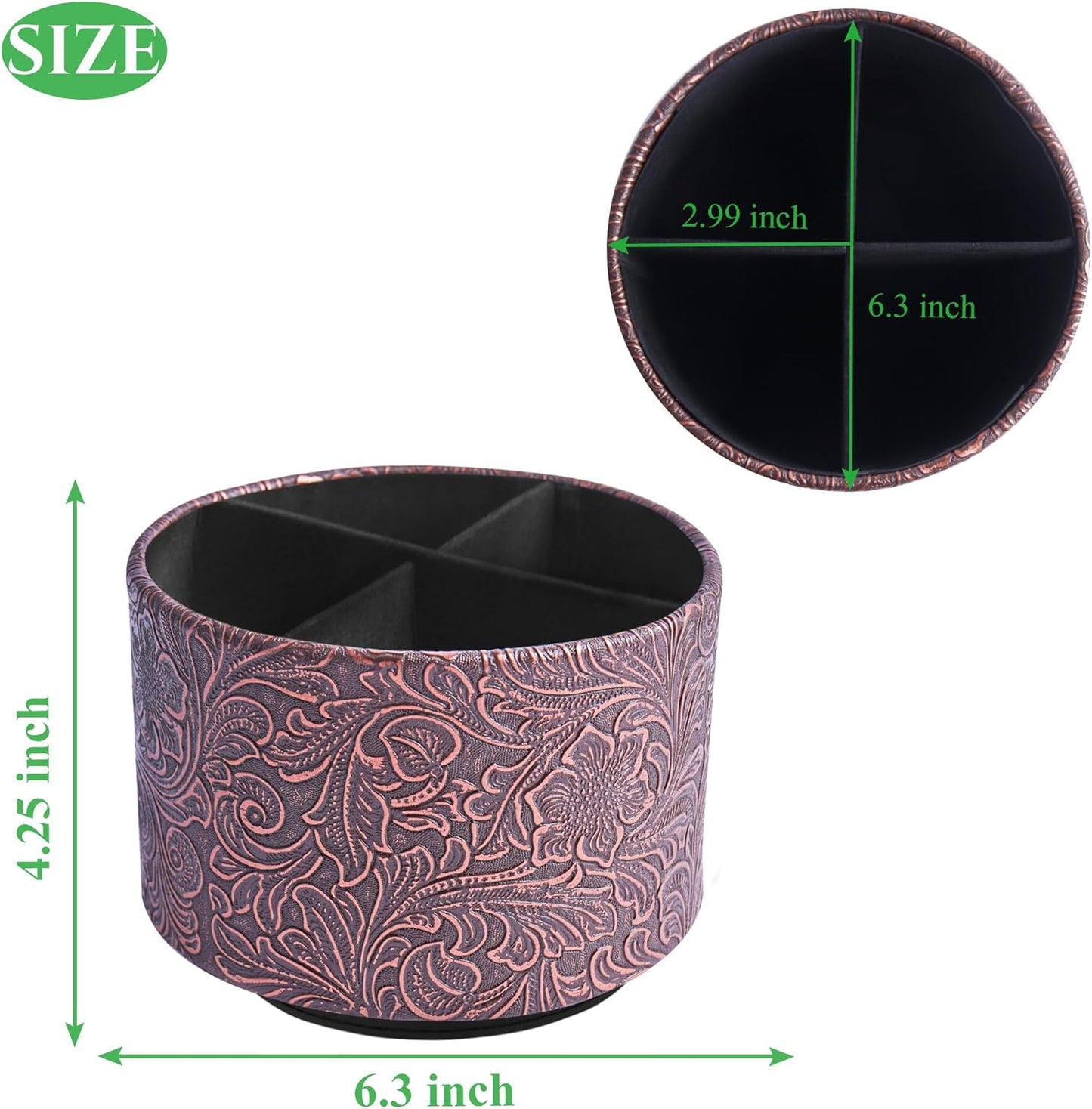 lizimandu Round Leather Art Supply Organizer,Remote Control Holder,360 Degree Spinning,Multi-Functional Pencil Holder,4 Compartments Desktop Stationary Organizer(1-Carved Cooper Red)