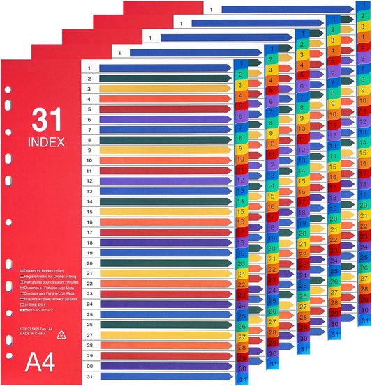 1-31 Tab Dividers, Plastic Binder Dividers for 2/3/4 Ring Binder, Customizable Table of Contents, Multicolor Number 1-31 Tabs, 5 Sets/ A4 Size