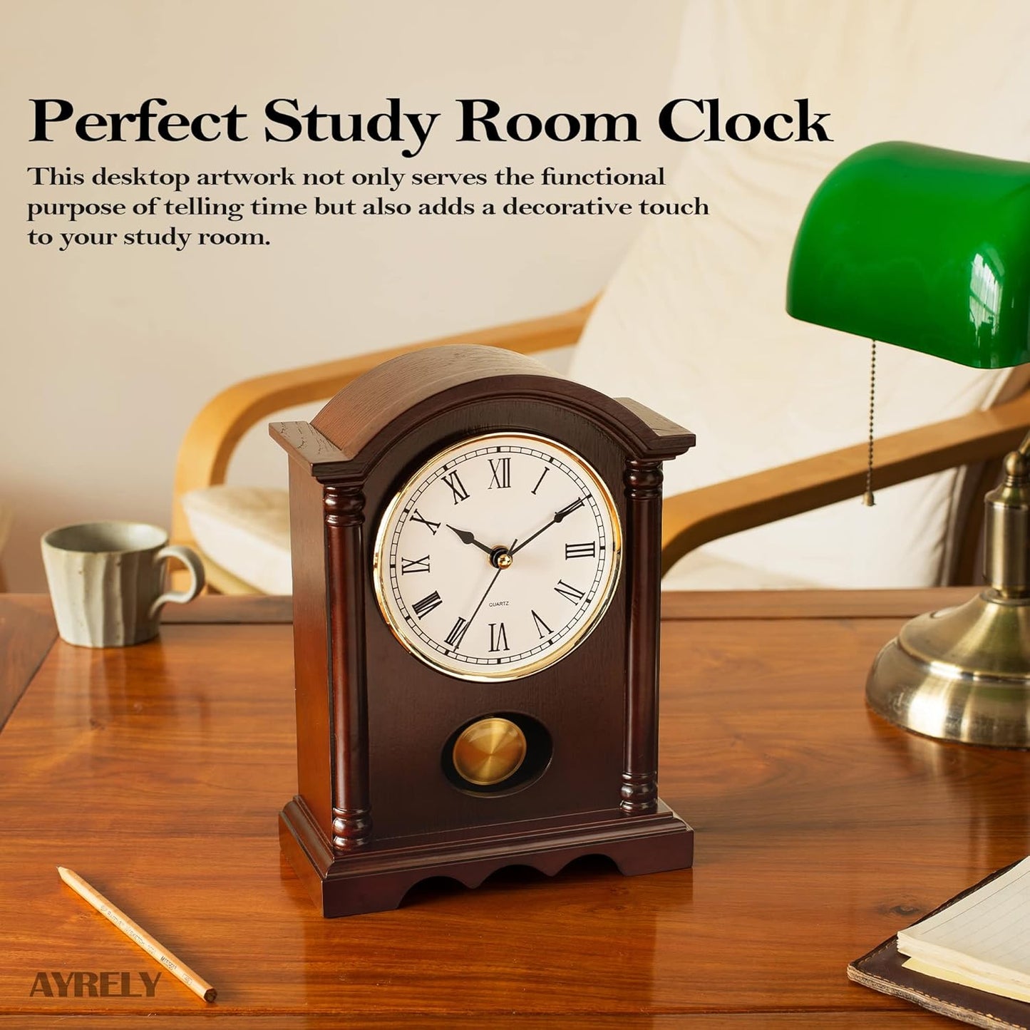 AYRELY® Classic Grandfather Mantel Clock for Living Room Déco, Elegant Wooden Finish, Gold-Tone Pendulum, Desk Clock for Living Room, Bedroom, Farmhouse Décor