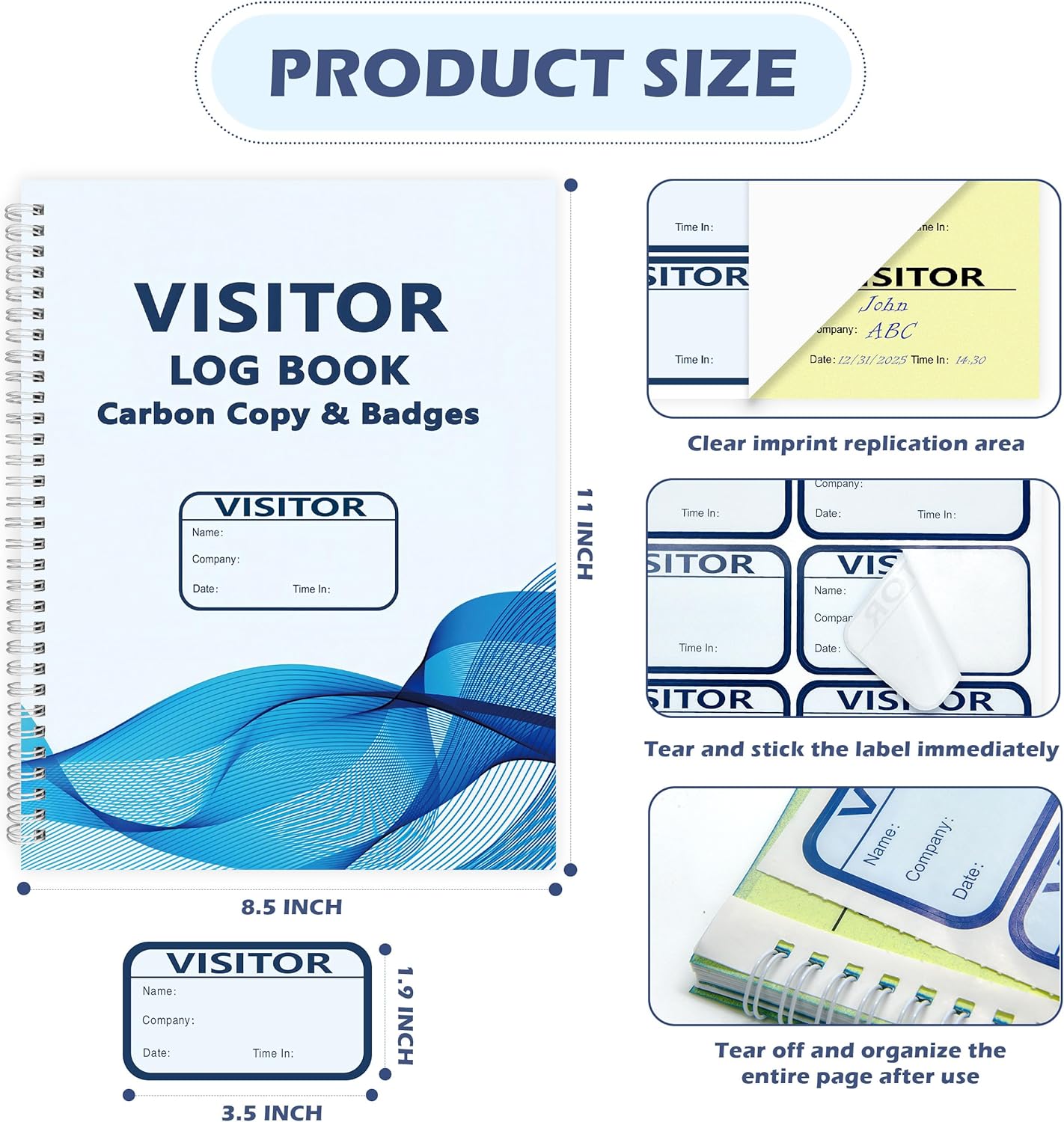 3 Pack of 450 Visitor Badges Registry Log with Carbon Copy Visitor Stickers Letter Size Visitor Log Book Extras Protecting Privacy Pages Spiral-Bound Self Visitor Badges Guest Register Book(3)